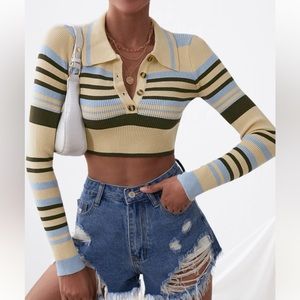 Half Button Striped Crop Sweater Vintage